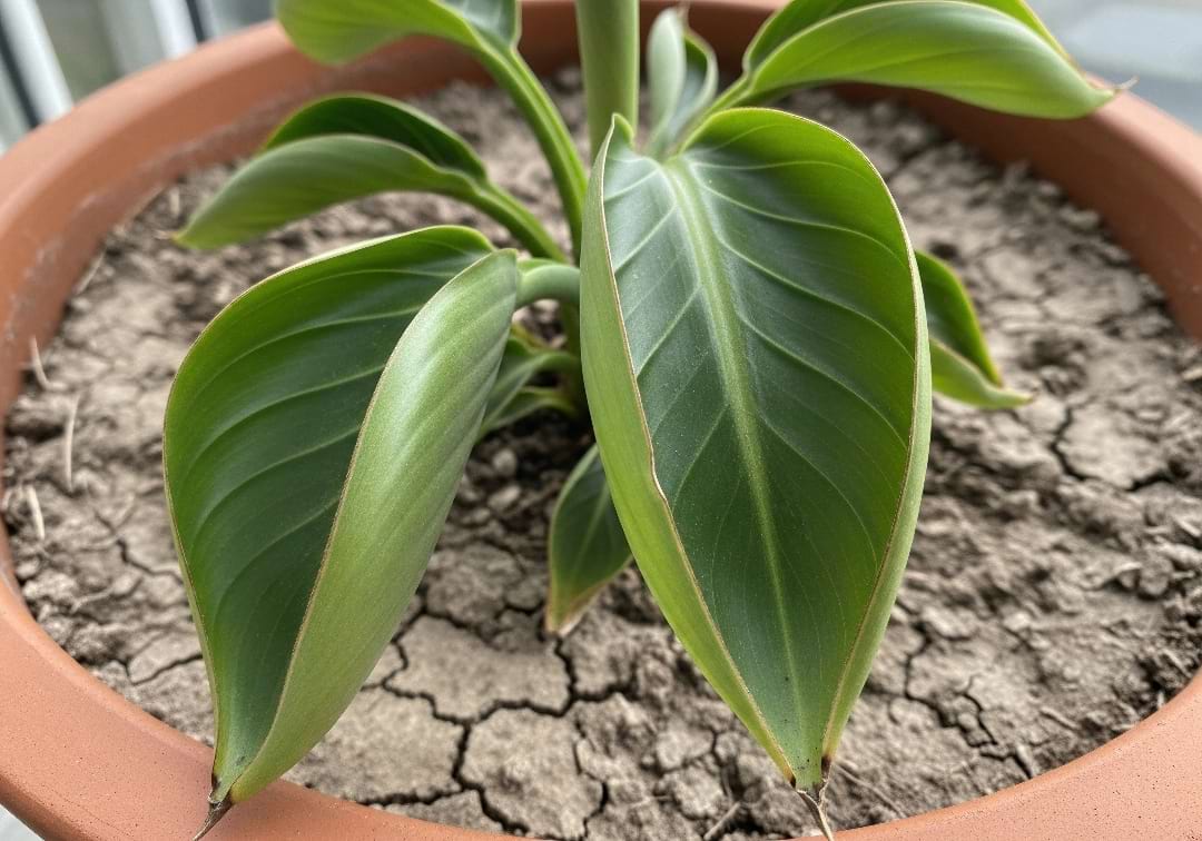 The leaves of a young Bird of Paradise plant are curling inwards due to thirst, and the soil is cracked and dry.