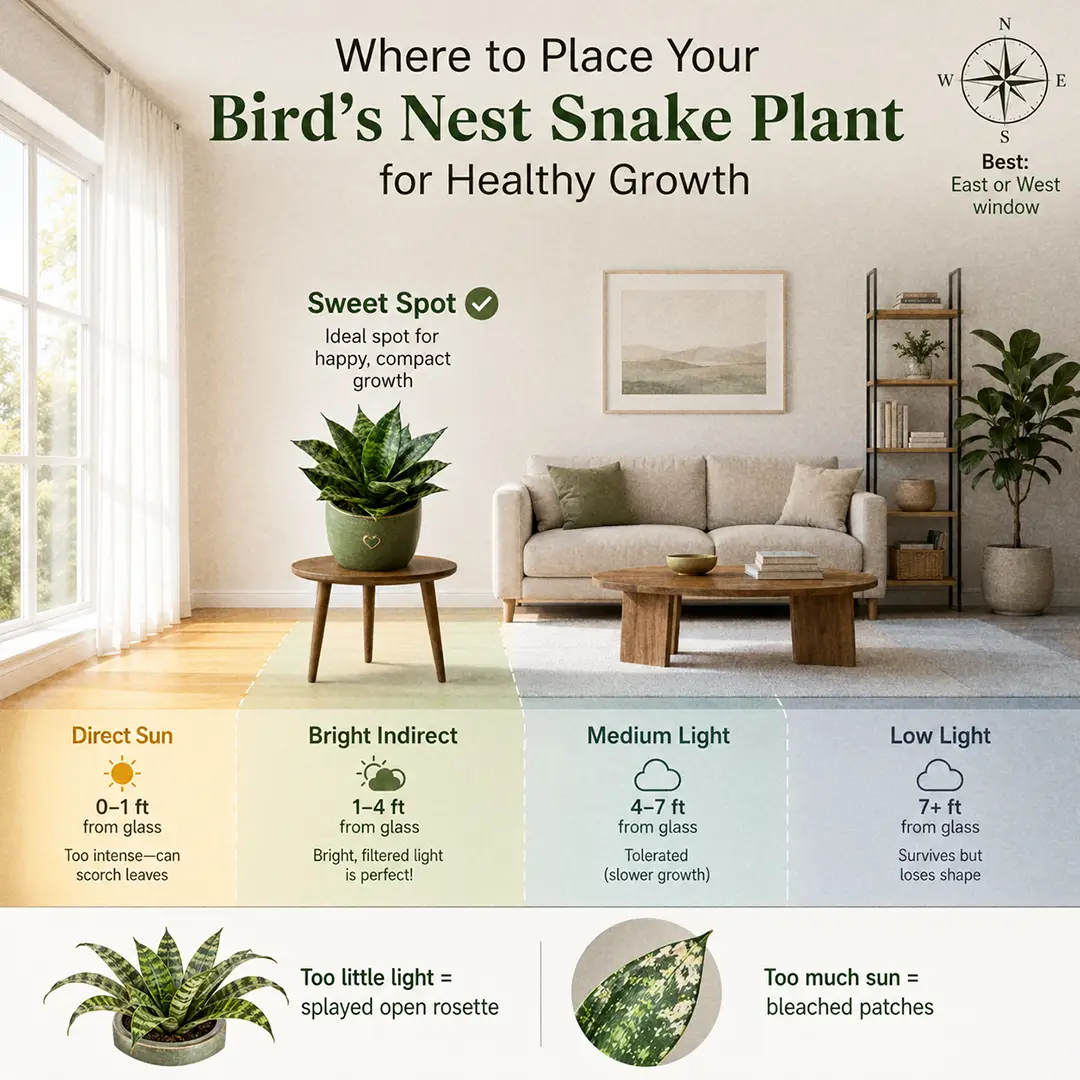 Light placement diagram showing a Bird's Nest Snake Plant in a green ceramic pot with a heart motif positioned in the bright indirect zone two to four feet from an east-facing window, with color-coded zones for direct sun, bright indirect, medium light, and low light, plus small icons showing a splaying rosette and a scorched leaf as warning signs