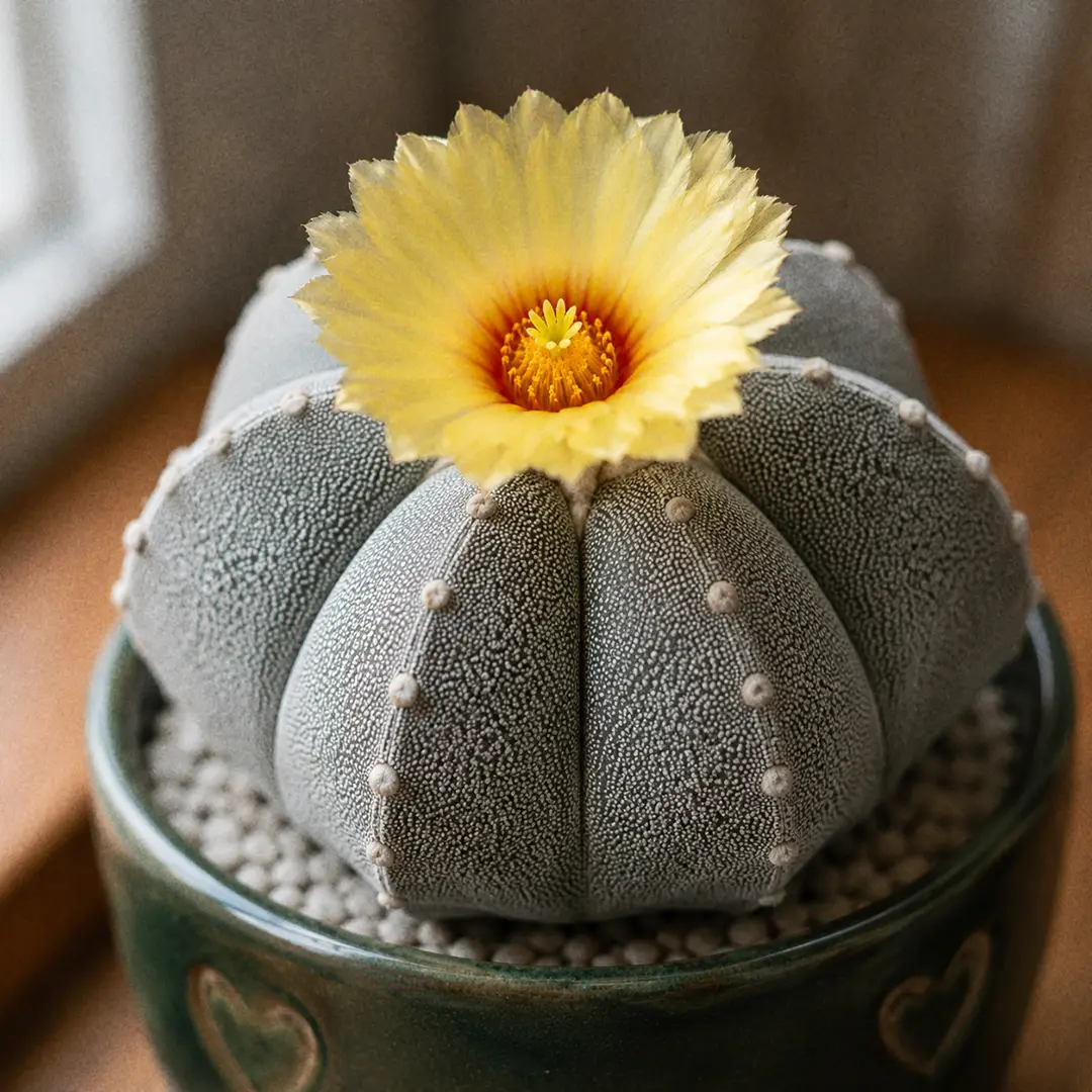 A macro close-up of a Bishop's Cap Cactus in flower, showing a single bright buttercup-yellow bloom with a fiery red-orange throat opening from the woolly crown of the cactus, sharp focus on the flower with the star-ribbed body softly out of focus