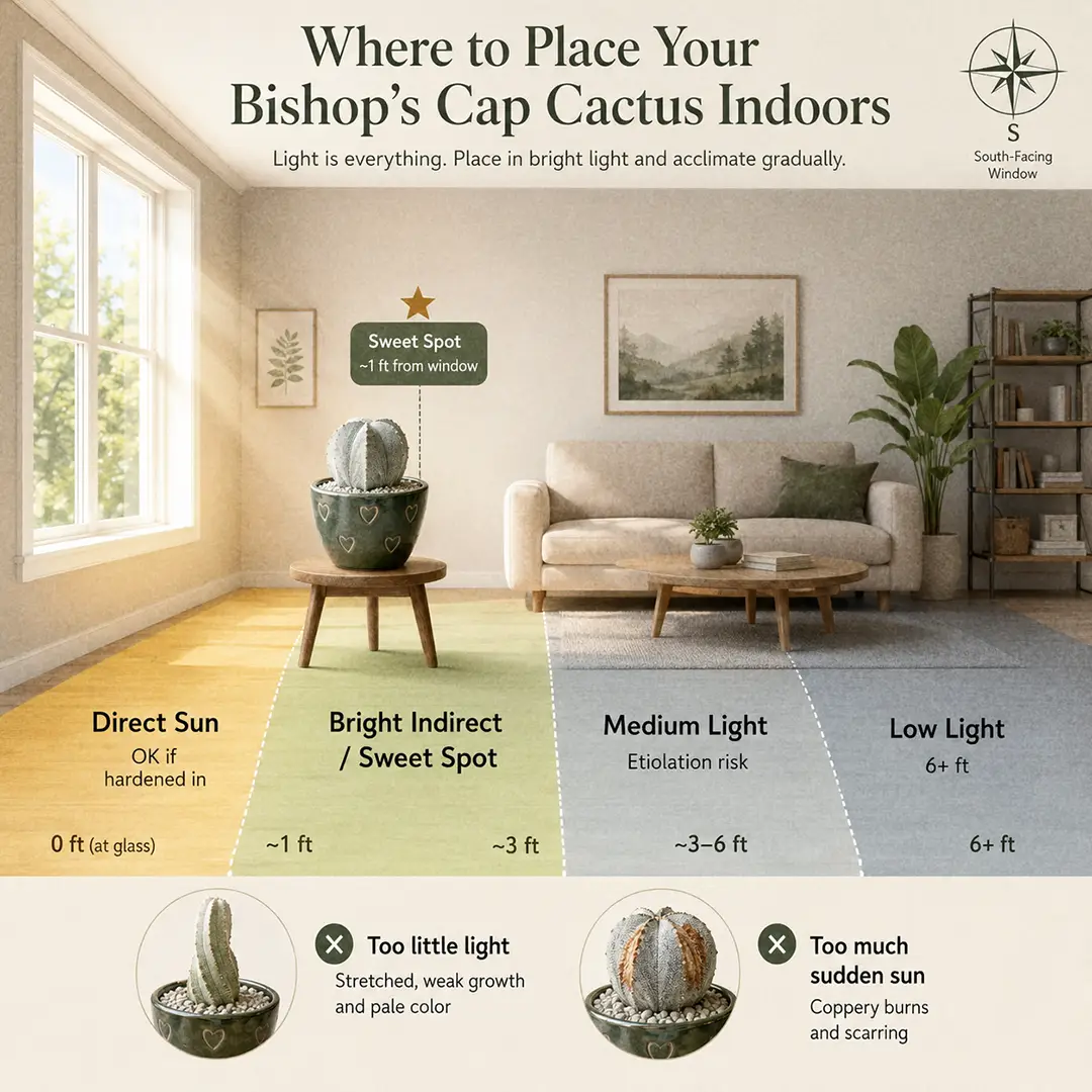 A labeled square light-zone diagram showing a Bishop's Cap Cactus placed in the sweet spot one foot from a south-facing window, with sweet-spot, too-dark, and too-bright zones color-washed, and small icons warning about etiolation in low light and scorching in unfiltered midday sun