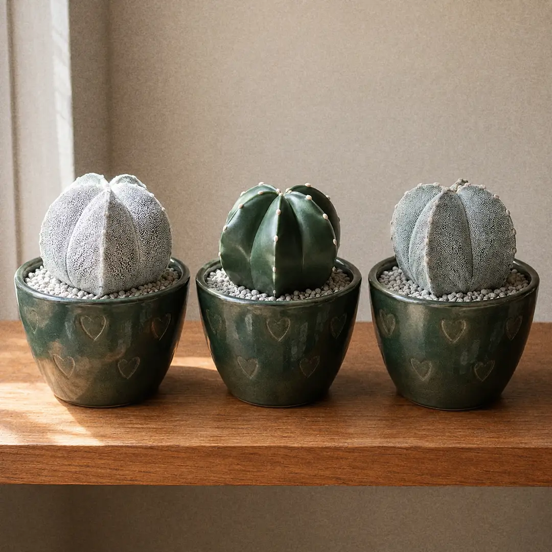 Three Bishop's Cap Cactus forms side by side on a wooden shelf, each in a matching green ceramic pot with a heart motif: the dense-flocked white 'Onzuka' on the left, a smooth dark green 'Nudum' in the middle, and a classic five-ribbed wild-form Astrophytum myriostigma on the right