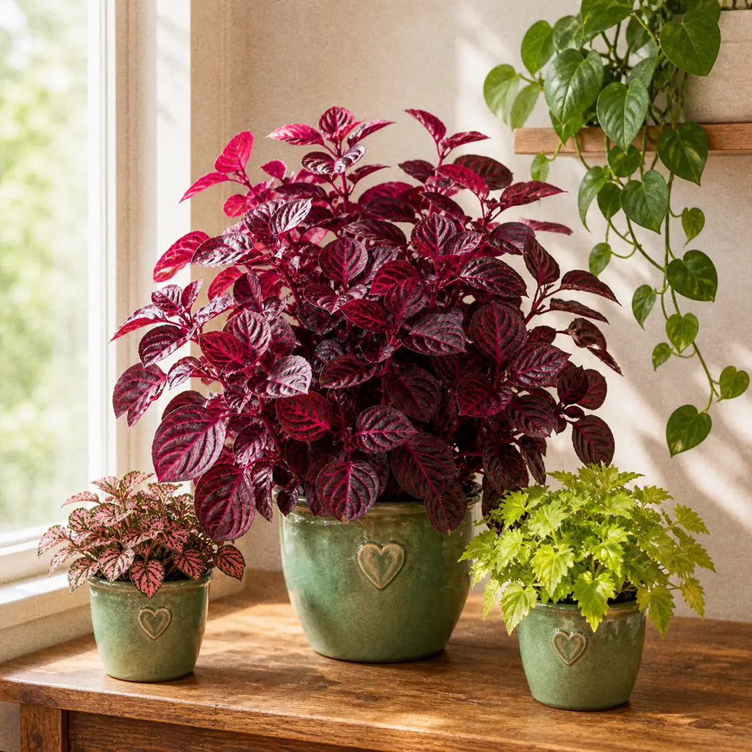 A styled home scene with a vivid Bloodleaf plant in a green ceramic pot with a heart motif as the centerpiece on a wooden side table surrounded by smaller matching houseplants and warm natural light from a nearby window