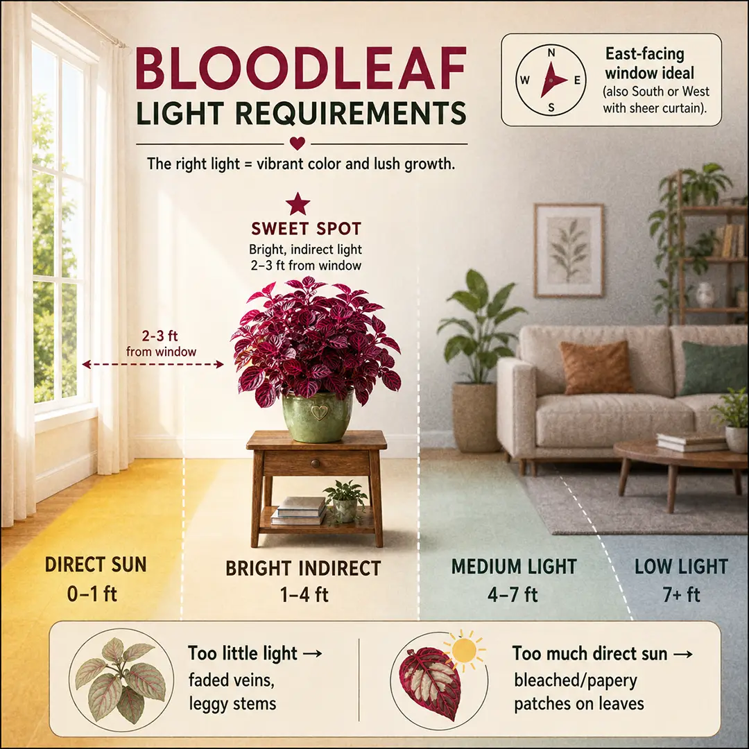 Illustrated light guide showing a Bloodleaf plant's ideal placement near an east-facing window with labeled light zones, distance markers, and a green ceramic pot with a heart motif in the bright indirect zone