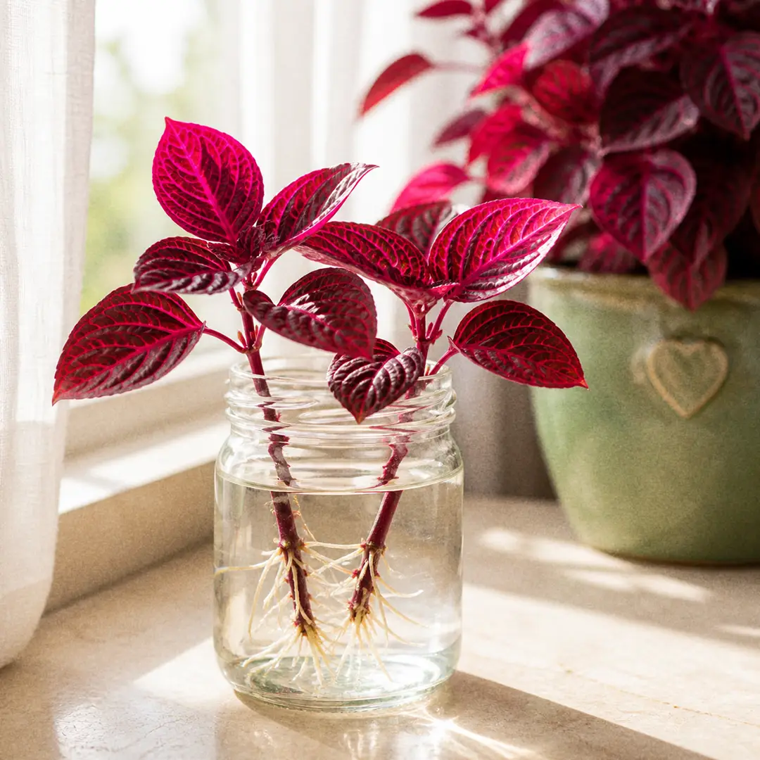 A Bloodleaf stem cutting rooting in a clear glass jar of water on a sunny windowsill with visible white roots emerging from the leaf nodes and a green ceramic pot with a heart motif of the parent plant in the background