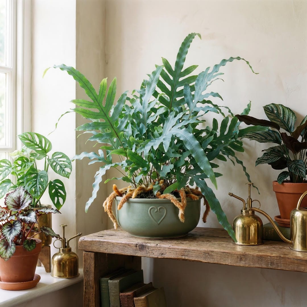 A mature Blue Star Fern displayed on a wooden shelf in a shallow green heart-motif pot among other humidity-loving houseplants.