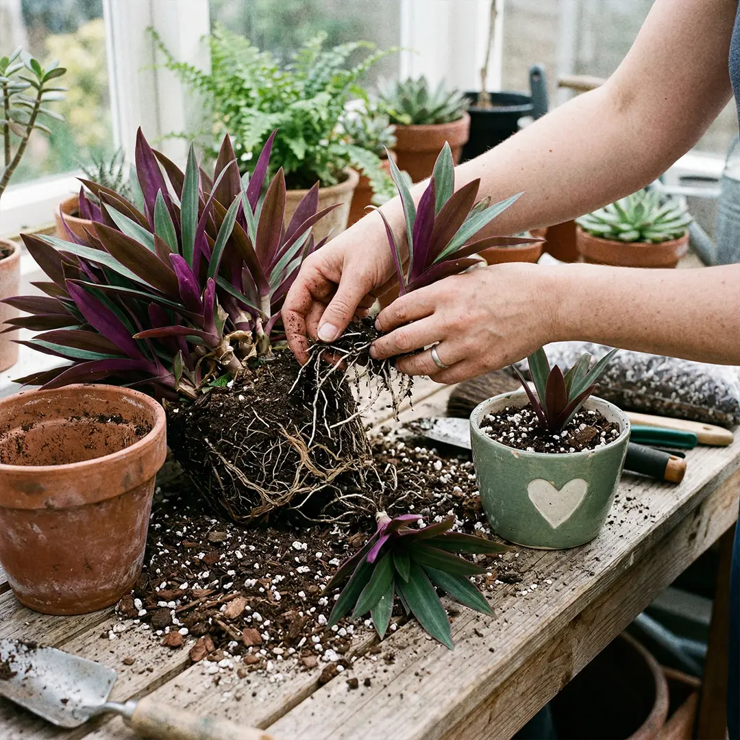A mature Boat Lily clump being divided into smaller rooted offsets beside a green pot with a heart motif and fresh potting mix.