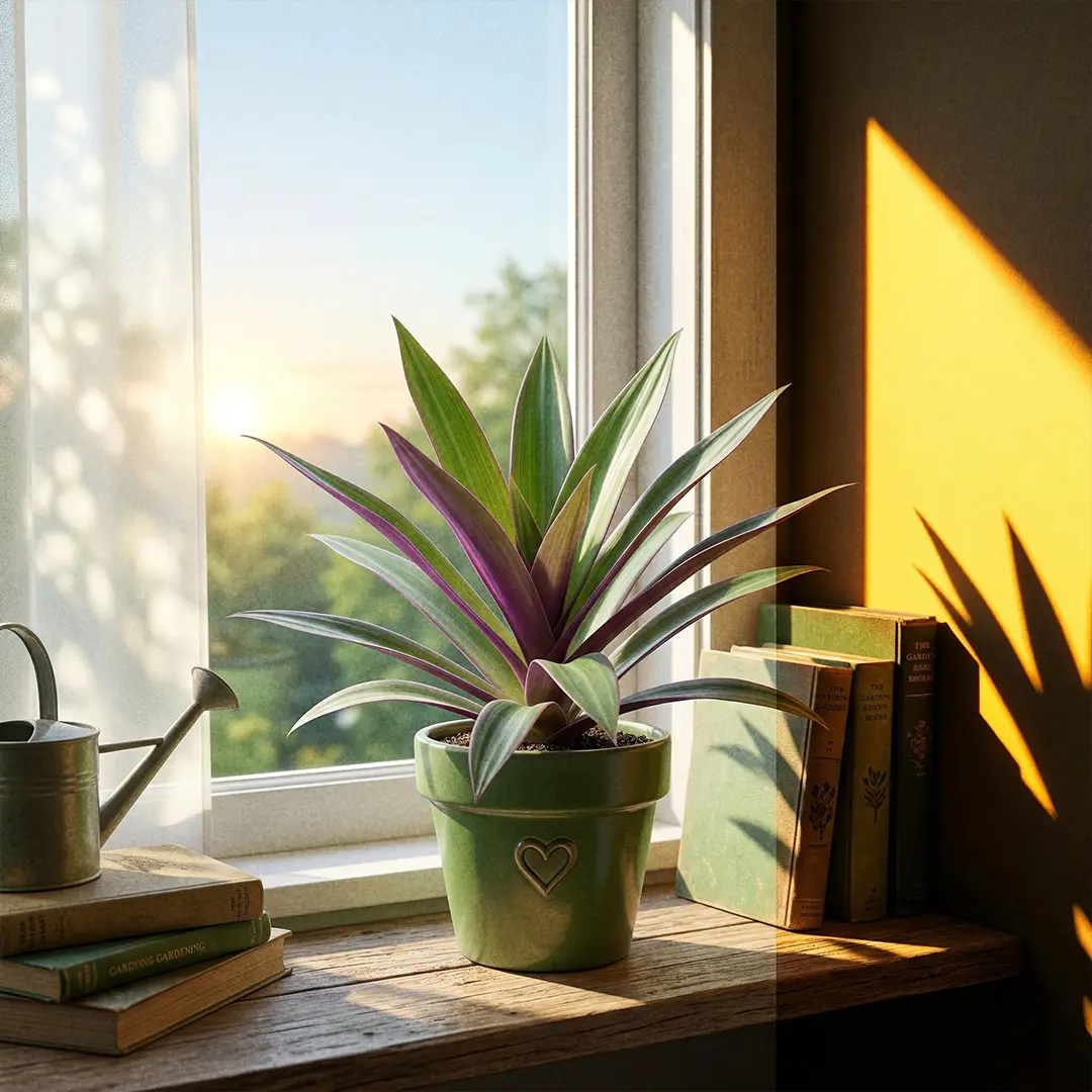 Plant-specific light guide for Boat Lily showing ideal placement in bright indirect light with gentle morning sun and protection from harsh afternoon heat.