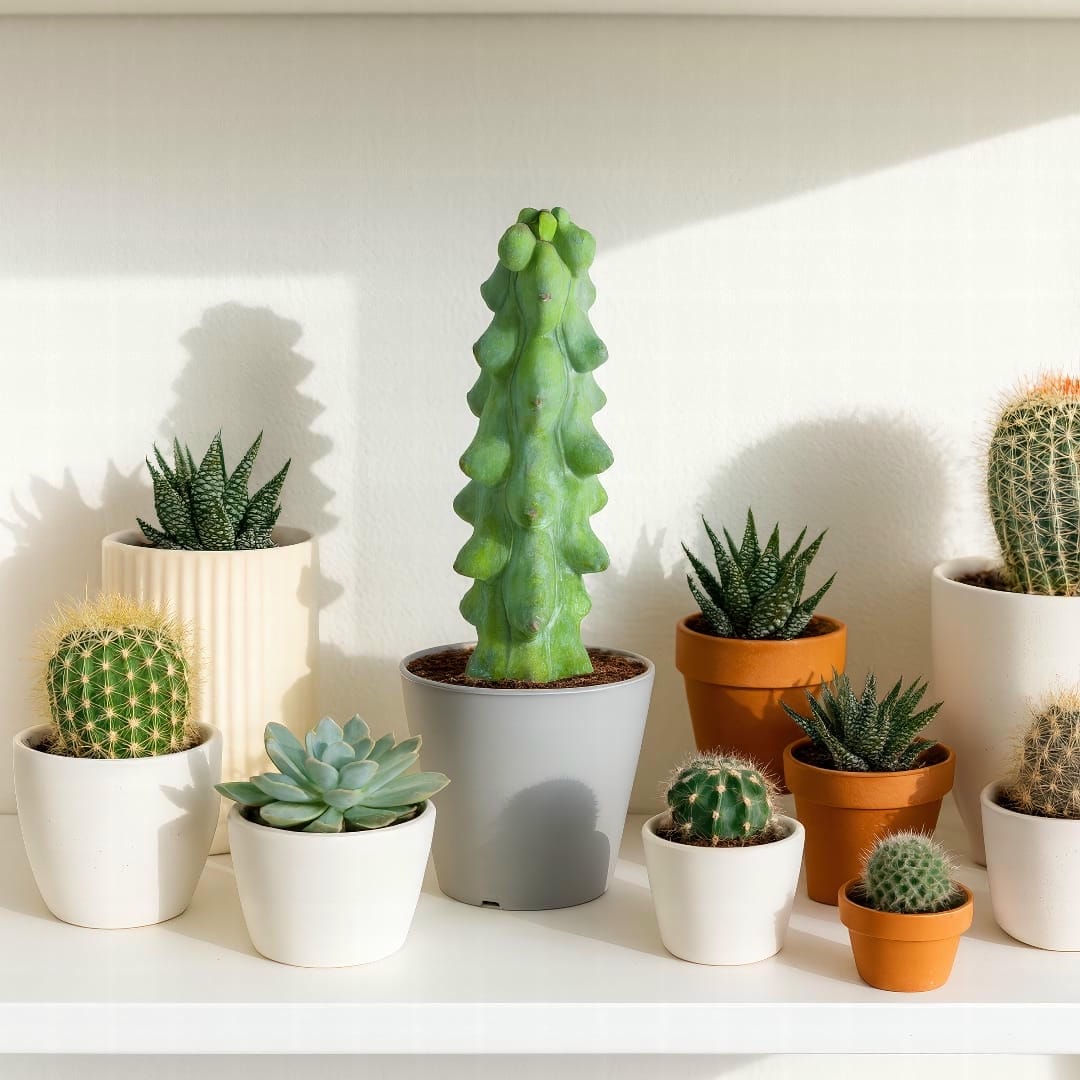 A Myrtillocactus geometrizans 'Fukurokuryuzinboku' displayed as a centerpiece among a collection of other diverse succulents and cacti on a sunny shelf.