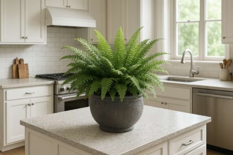 Boston Fern thriving in bright, indirect light on a kitchen island, demonstrating ideal lighting conditions.