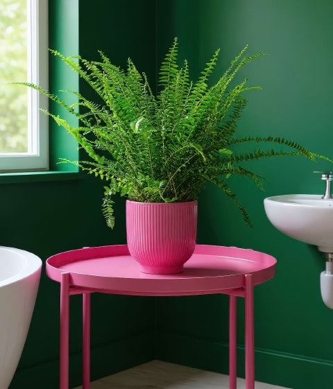 Boston Fern in a vibrant pink pot enjoying the high humidity of a bathroom, a suitable environment.