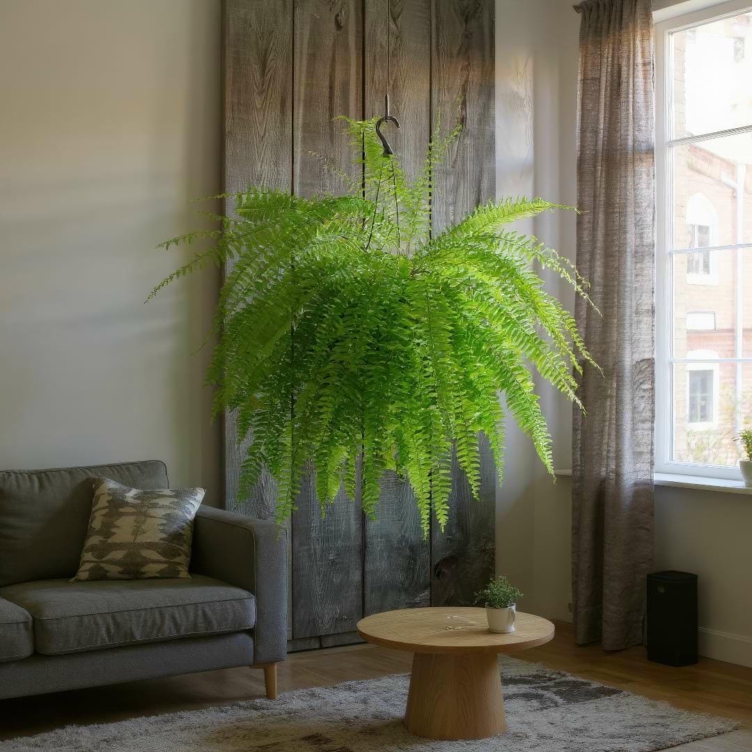 Another beautiful Boston Fern display, hanging against a rustic wooden backdrop in a living area.