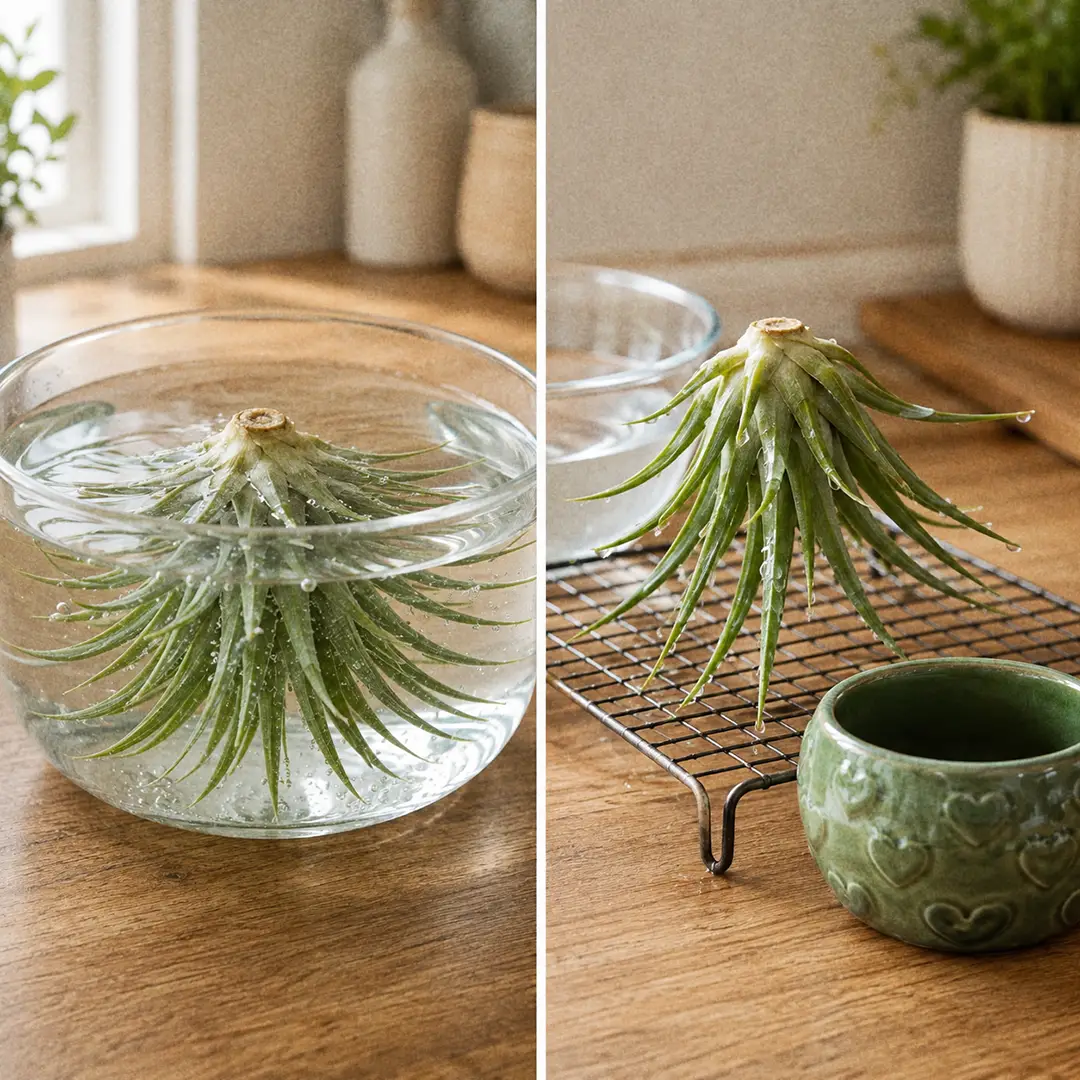 A Brachycaulos Air Plant being soaked upside down in a shallow bowl of water, and a second view of the same plant resting inverted on a wire rack to drain, with a green ceramic pot with a heart motif on the wooden counter beside it