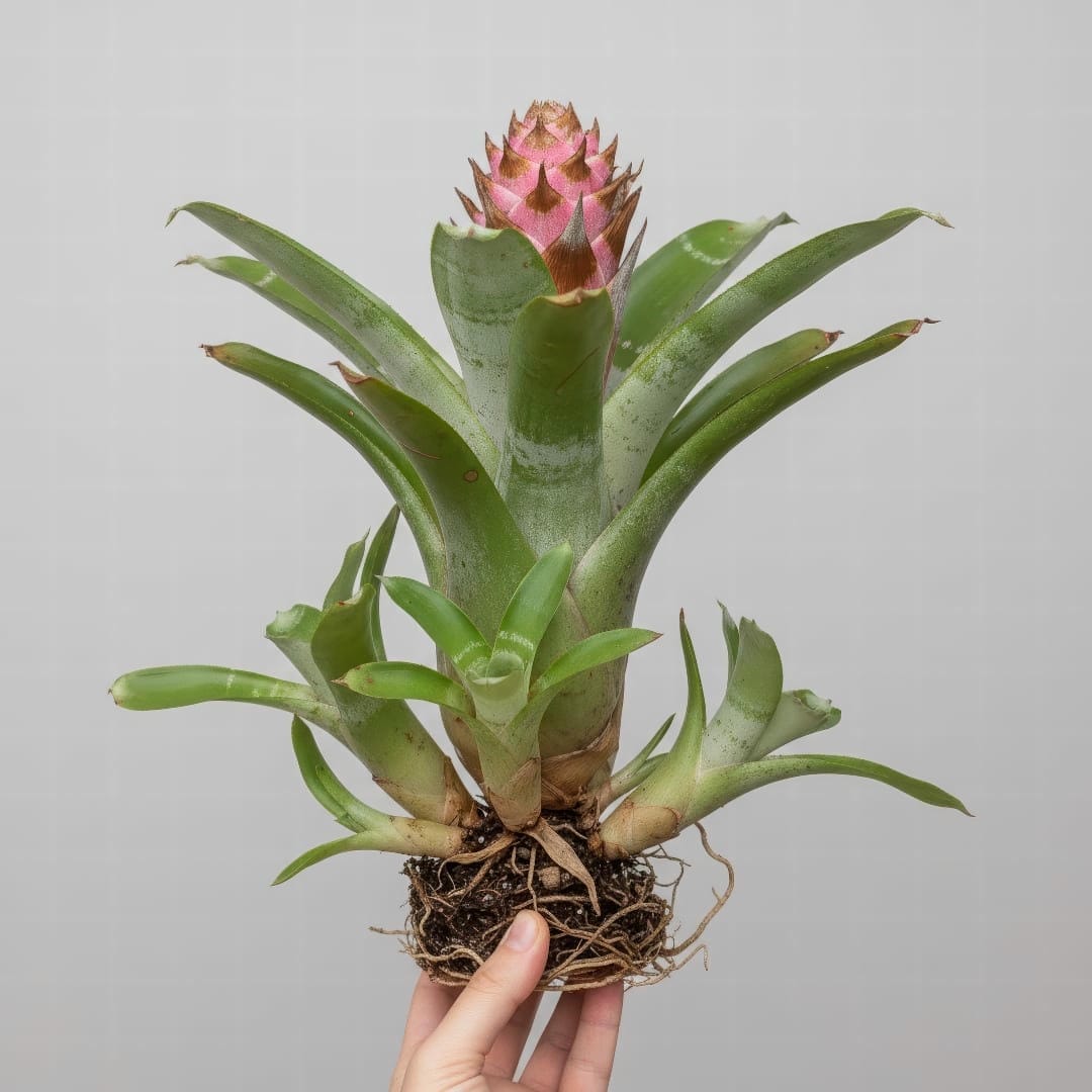A bromeliad with several pups growing at its base.