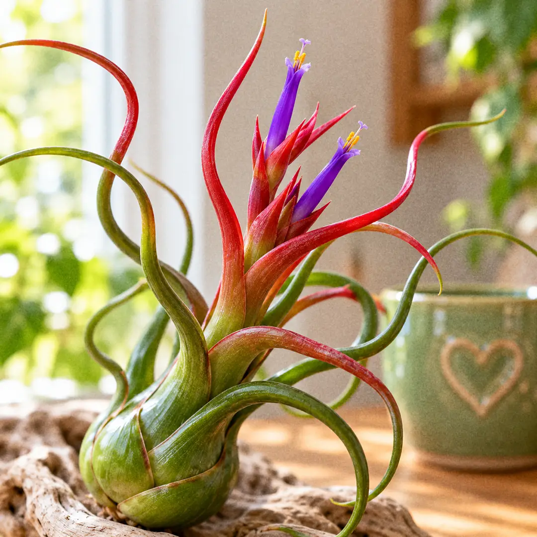 A macro close-up of a Bulbosa Air Plant in bloom, with the upper leaves flushed bright red, a short spike of red bracts and narrow violet tubular flowers emerging from the center, against softly blurred green leaves