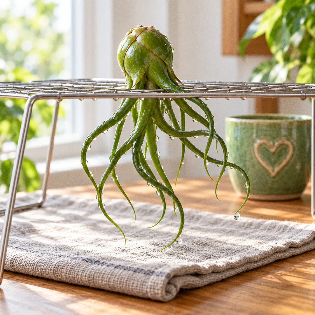 A Bulbosa Air Plant drying upside down on a wire rack after watering, with its round green bulb pointing up, its twisting leaves hanging down and water droplets falling from the tips, a green ceramic pot with a heart motif in the background