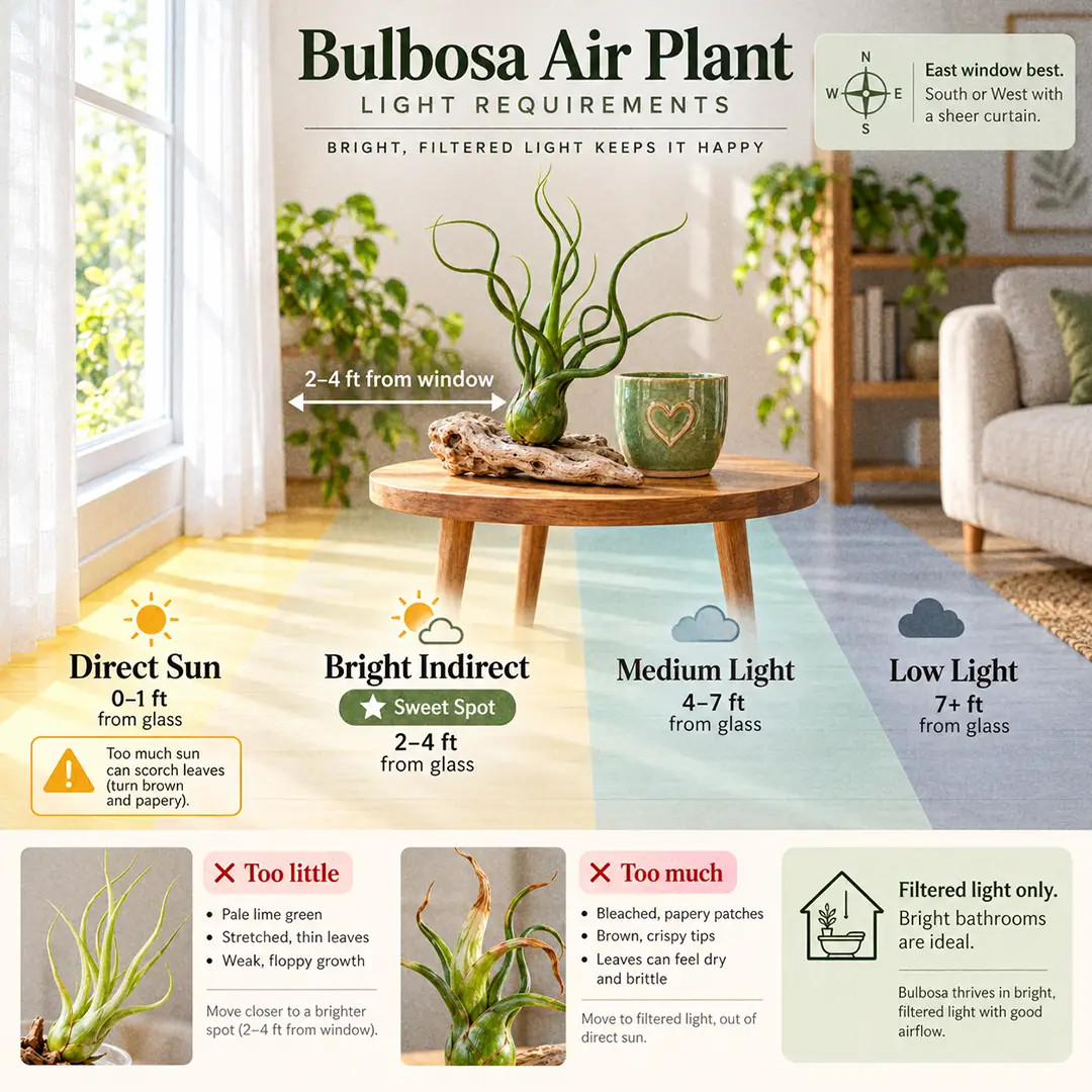 A labeled light guide diagram showing where to place a Bulbosa Air Plant indoors relative to an east-facing window, with direct sun, bright indirect, medium and low light zones marked, the sweet spot at two to four feet from the glass, and small thumbnails comparing a pale stretched plant with a sun-scorched one