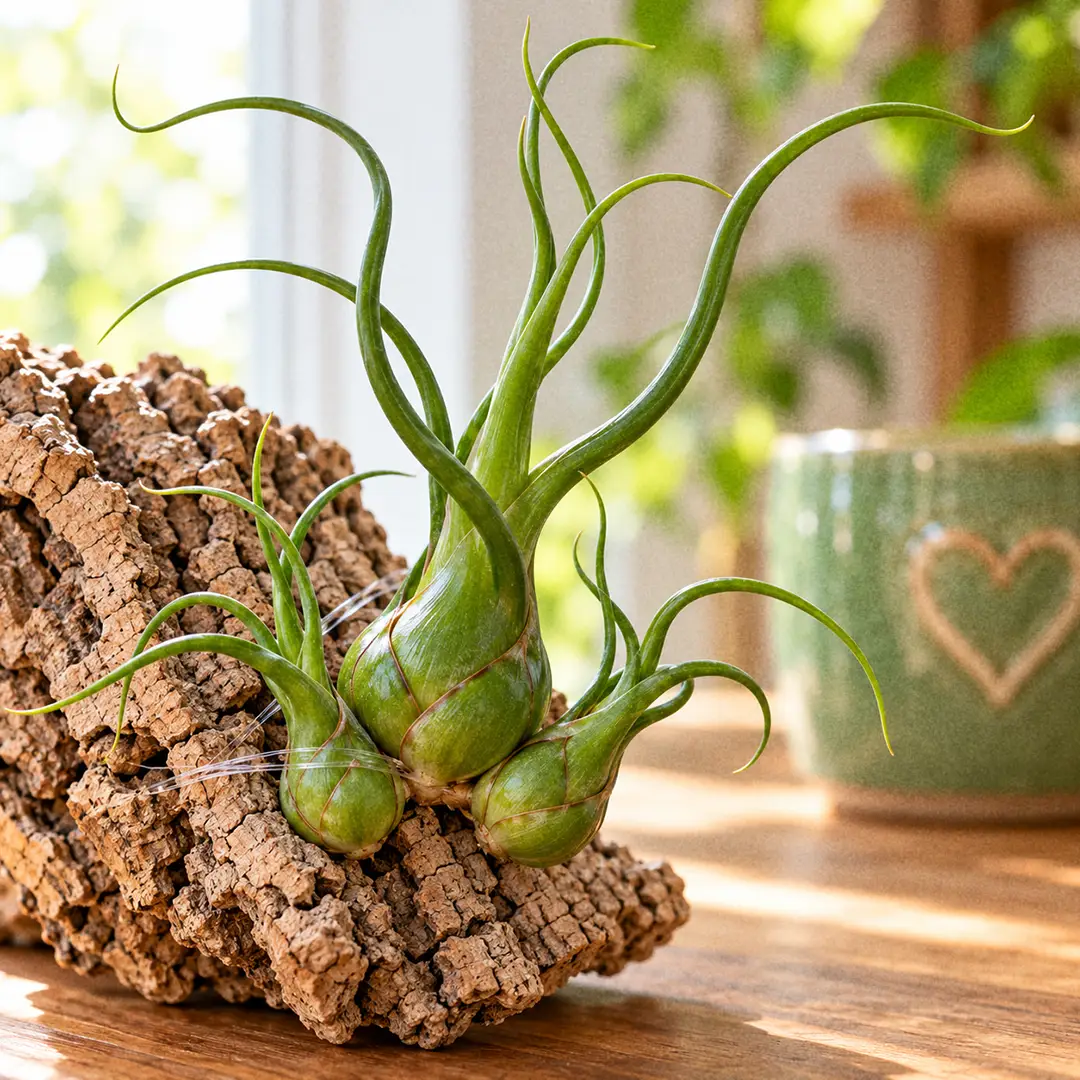 A Bulbosa Air Plant clump mounted sideways on cork bark, showing a parent plant with two smaller pups growing from its base, each with its own small round green bulb and twisting leaves