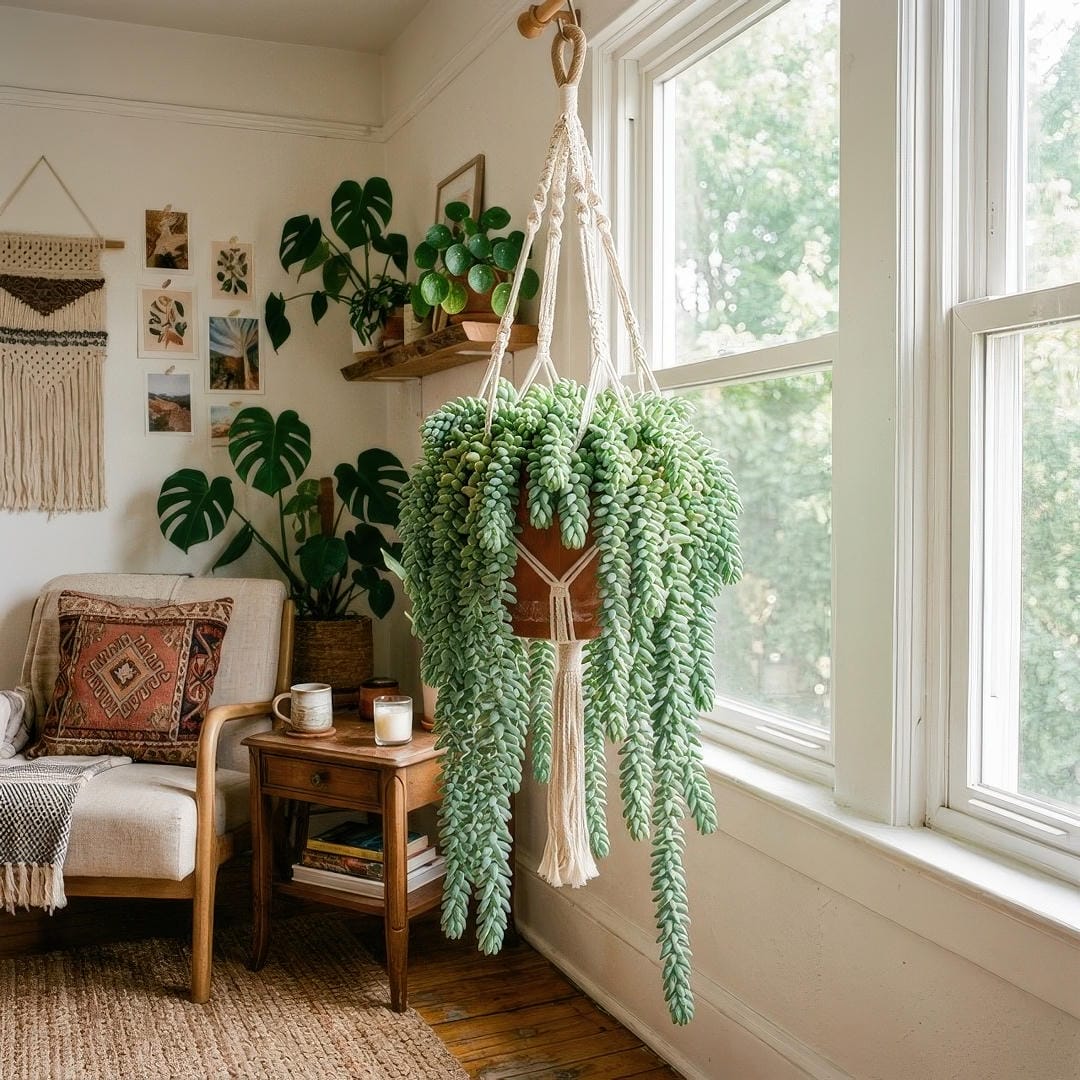A lush Burro's Tail cascading from a macrame plant hanger near a bright window, with thick rope-like strands of blue-green leaves.