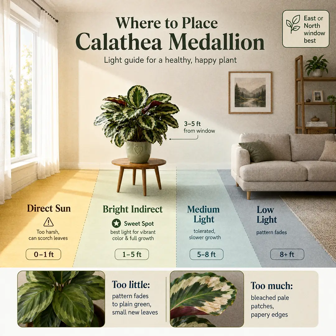 An educational light guide diagram for Calathea Medallion showing a cross-section of a living room with a window on the left, colored light zones labeled Direct Sun, Bright Indirect, Medium Light and Low Light, and the plant marked in its sweet spot three feet from the glass