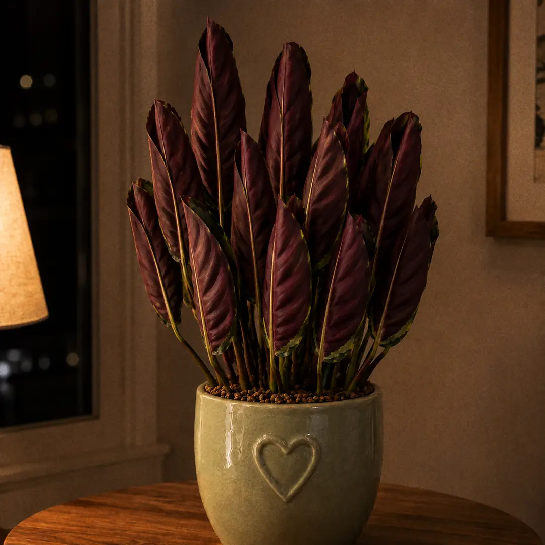 A Calathea Medallion photographed in the evening with all its leaves folded upright, showing the deep wine-purple undersides and the pale midrib lines, in a green ceramic pot with a heart motif against a softly lit neutral wall