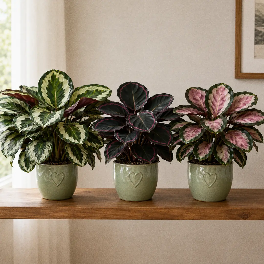 Three Goeppertia roseopicta cultivars side by side on a wooden shelf in matching green ceramic pots with heart motifs, showing Medallion with cream ringed leaves, Dottie with near-black leaves outlined in pink, and Rosy with a pink and silver center panel