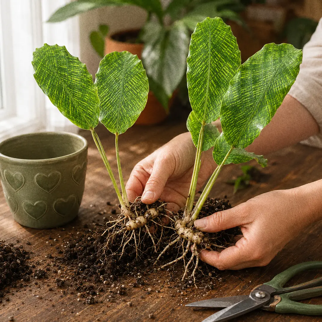 Hands separating a Calathea Network root clump into two divisions on a wooden work surface, showing the pale rhizome sections with attached white roots and patterned leaves, beside a green ceramic pot with a heart motif and fresh potting mix