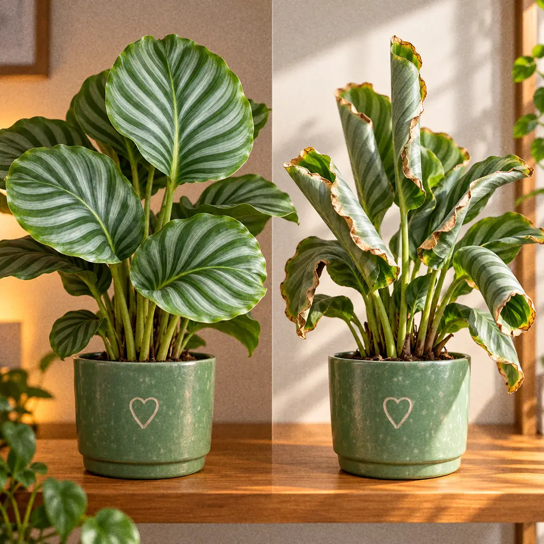 A side-by-side comparison of two Calathea orbifolia plants in matching green ceramic pots with heart motifs: on the left, at dusk, the large round silver-striped leaves are lifted upward on their stalks with the blades still flat and open; on the right, in daylight, the leaves are rolled lengthwise along the midrib into loose tubes with dry, slightly brown edges