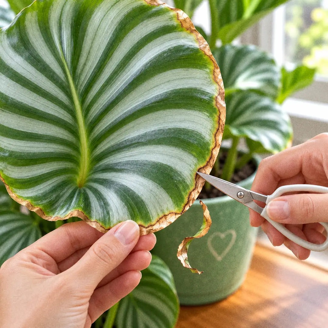 Hands holding small sharp scissors trimming a thin crispy brown margin from the edge of a large round silver-striped Calathea orbifolia leaf, cutting along the natural curve just inside the brown, with the plant in a green ceramic pot with a heart motif on a wooden surface near a bright window