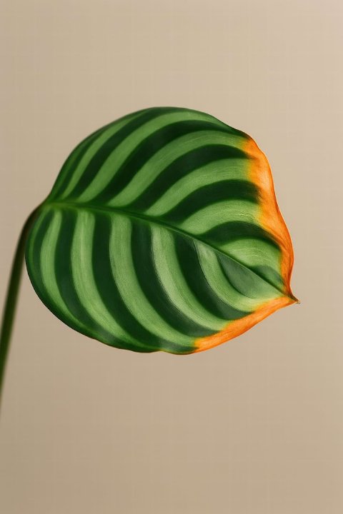 A close-up of a Calathea orbifolia leaf with signature brown and crispy edges from low humidity.