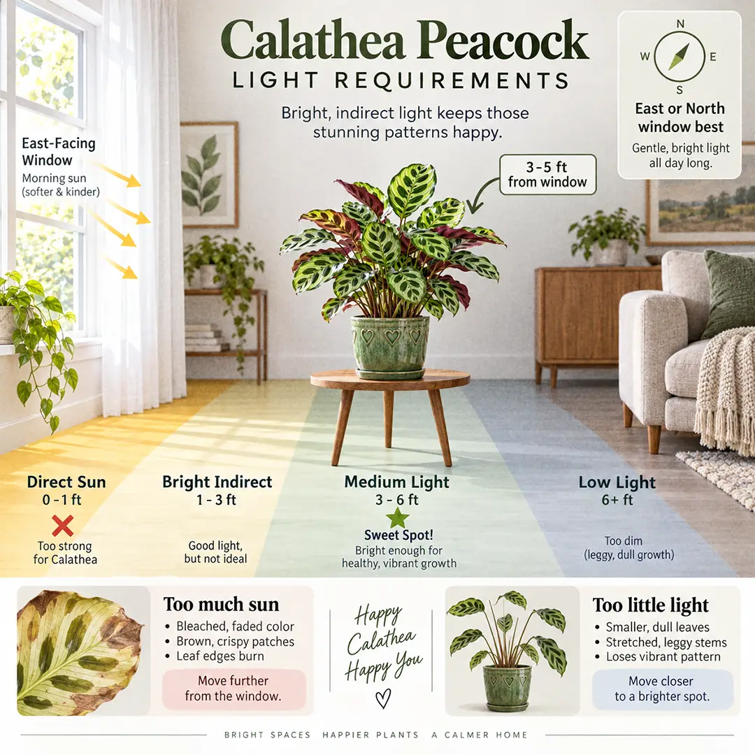 Light guide diagram showing a Calathea Peacock in a green ceramic pot with a heart motif placed 3-5 feet from an east-facing window, with labeled light zones and small examples of faded leaves from too much sun and leggy growth from too little light
