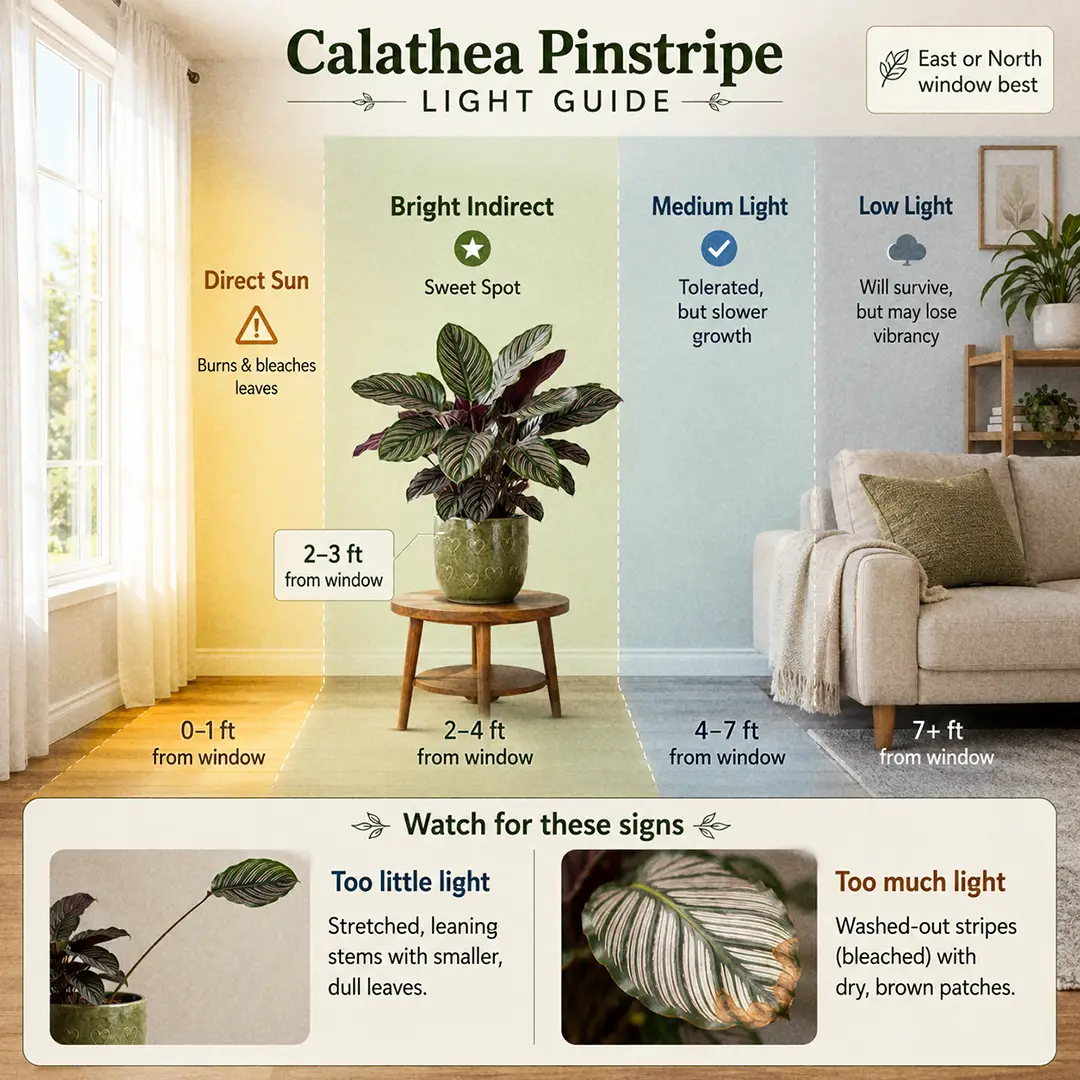 A labeled light guide diagram showing where to place a Calathea Pinstripe indoors relative to an east-facing window, with direct sun, bright indirect, medium and low light zones marked and the sweet spot highlighted two to four feet back behind a sheer curtain