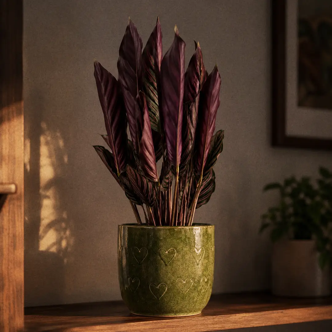 A Calathea Pinstripe photographed in the evening with its leaves folded upright into a closed vertical cluster, revealing the deep purple undersides, in a green ceramic pot with a heart motif on a wooden shelf