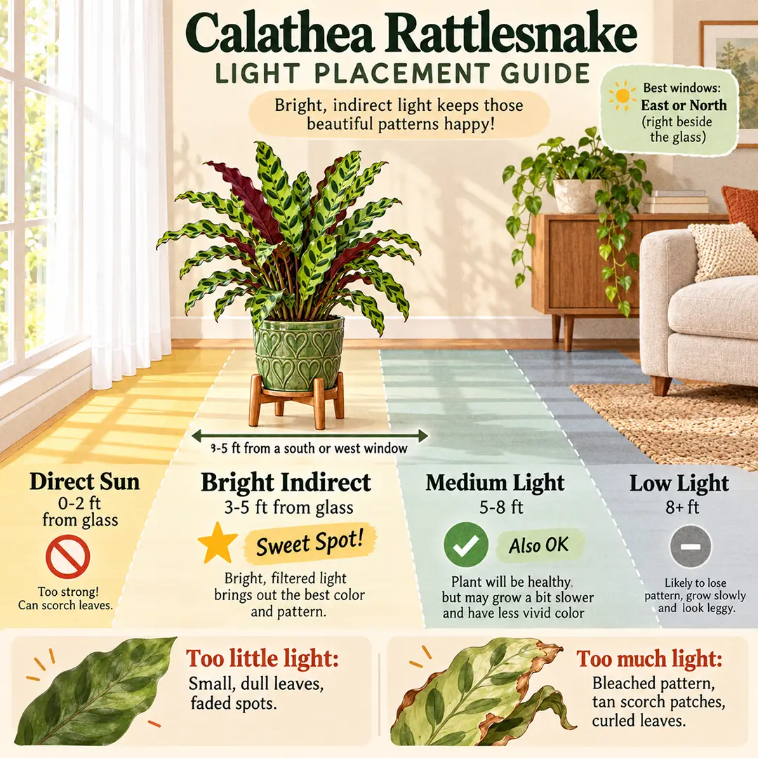A labeled light guide diagram showing where to place a Calathea Rattlesnake indoors, three to five feet back from a south or west window or beside an east window, with direct sun, bright indirect, medium and low light zones labeled and the sweet spot marked with a star