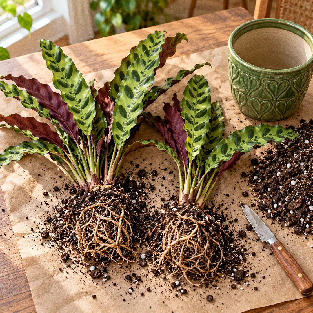 A Calathea Rattlesnake lifted from its pot on a wooden table with the root ball gently pulled apart into two divisions, each with its own roots and several wavy patterned leaves, next to fresh potting mix and a green ceramic pot with a heart motif