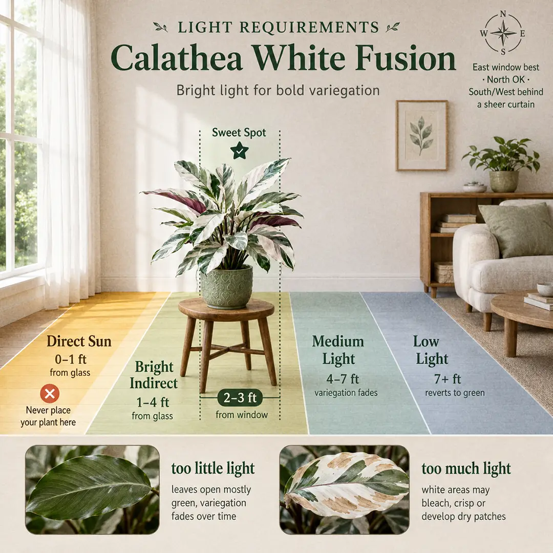 A labeled light guide diagram showing where to place a Calathea White Fusion indoors relative to an east-facing window, with direct sun, bright indirect, medium and low light zones marked and the sweet spot highlighted two to three feet from the glass