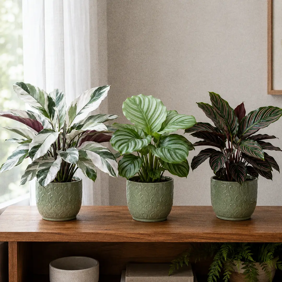 Three prayer plants side by side on a wooden shelf in matching green ceramic pots with heart motifs: a Calathea White Fusion with marbled white and green leaves, a Calathea Orbifolia with round silver-striped leaves, and a Calathea Pinstripe with dark leaves and thin pink lines