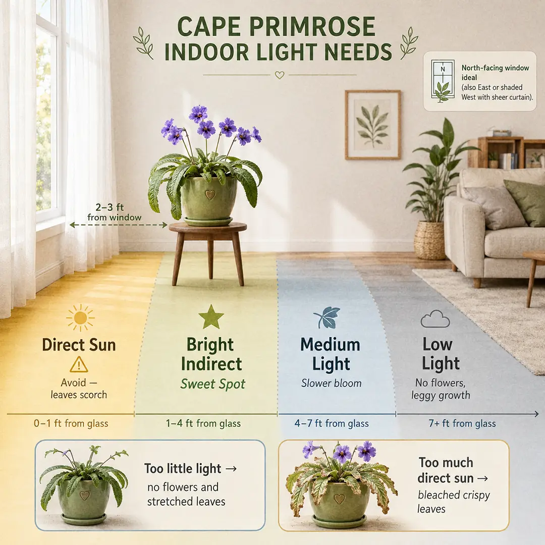 A labeled light-zone diagram showing a Cape Primrose placed in the sweet spot two to three feet from a north-facing or curtained east-facing window, with sweet-spot, too-dark, and too-bright zones color-washed and a small note about indirect morning light