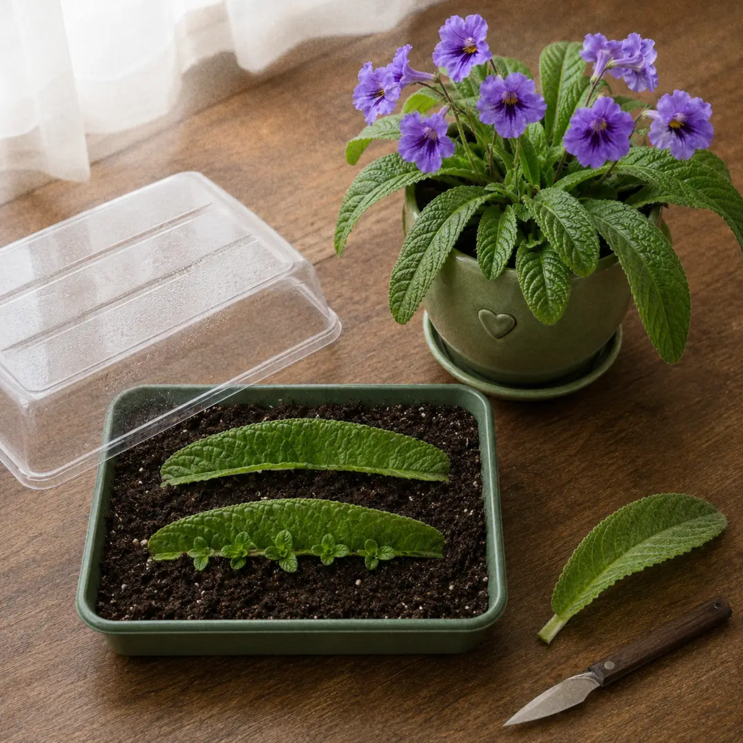 Top-down view of a Cape Primrose propagation tray showing a long mid-rib leaf cutting laid horizontally on damp soil with several tiny new plantlets emerging along the cut edge, beside a green ceramic pot with a heart motif holding the parent plant in bloom