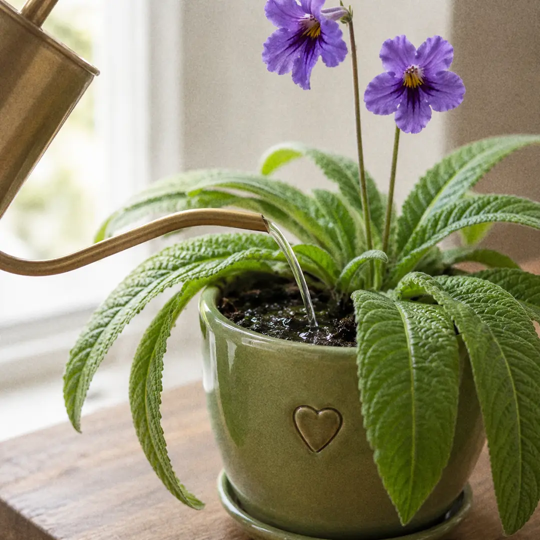 A close-up of a slender-spouted watering can pouring water onto the soil at the base of a Cape Primrose in a green ceramic pot with a heart motif, the soil darkening and the long strap leaves and purple flower stems held above the rim