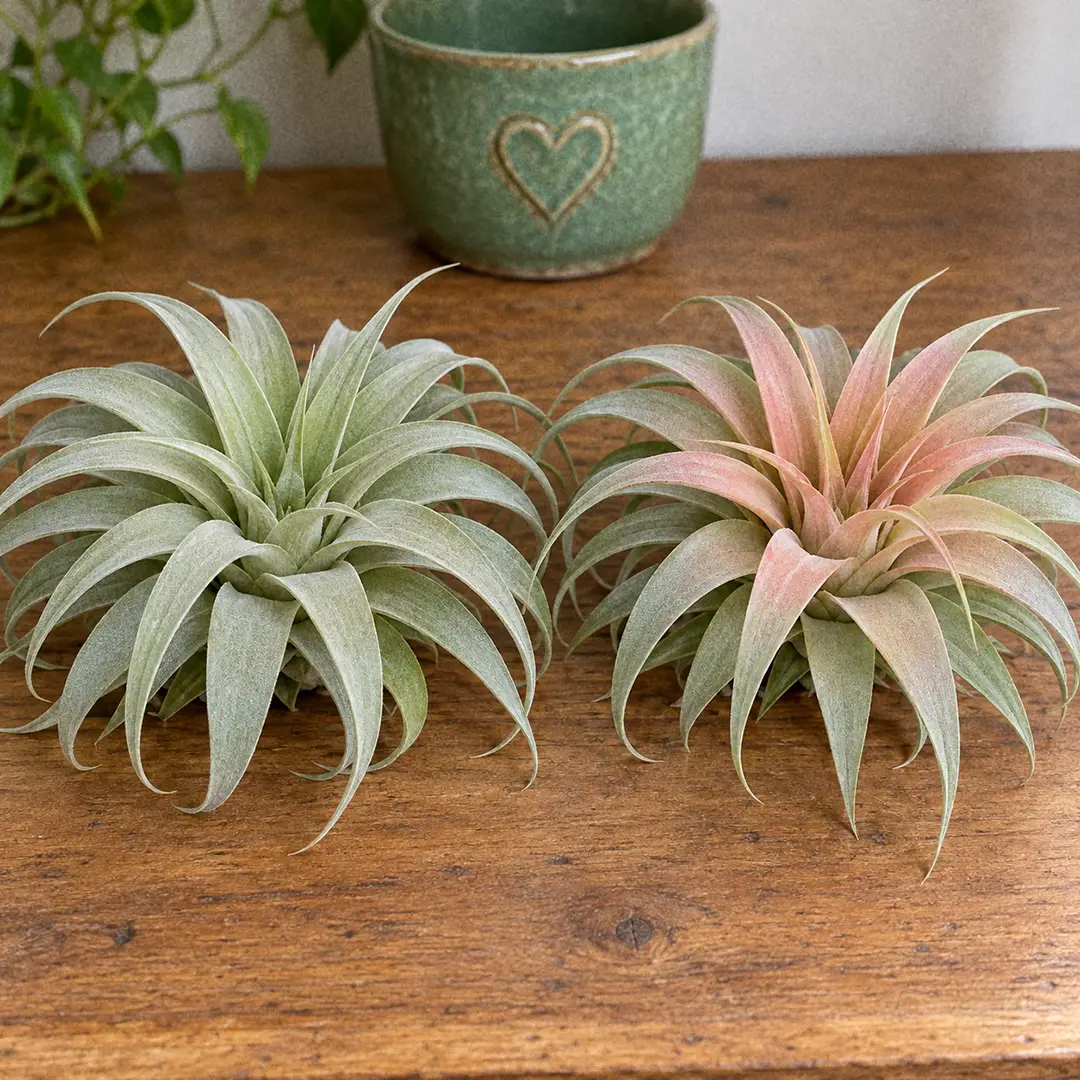 Two Capitata Peach Air Plants side by side on a wooden surface, the left one plain silvery green from a low-light spot and the right one with a warm peach-pink blush across its center leaves from a bright window