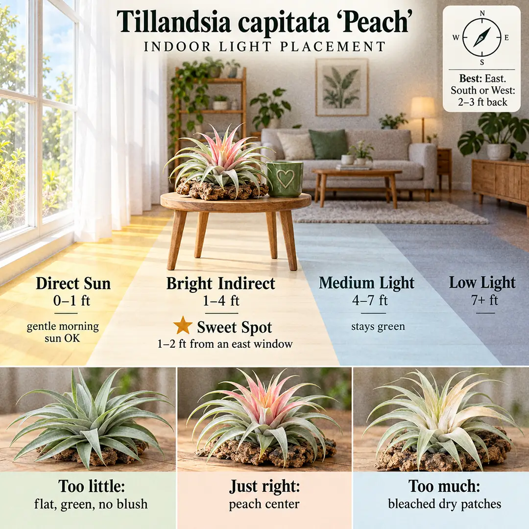 An infographic showing where to place a Capitata Peach Air Plant indoors, with labelled light zones measured from an east-facing window, the plant marked in its sweet spot one to two feet from the glass, and small panels comparing a green plant in low light with a peach-blushed plant in bright light