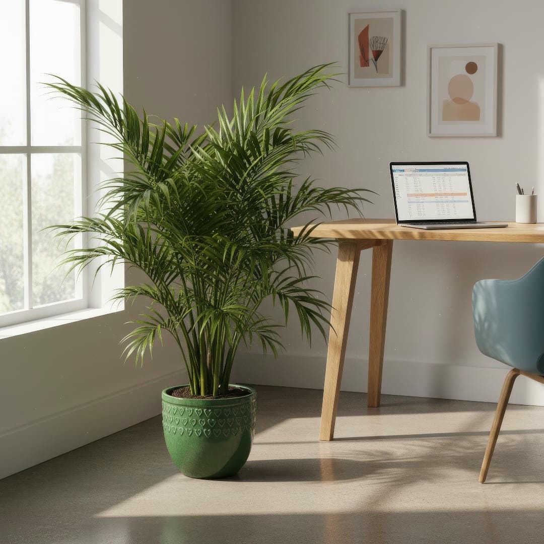 A large Cat Palm used as a beautiful floor plant in a bright, airy living space.