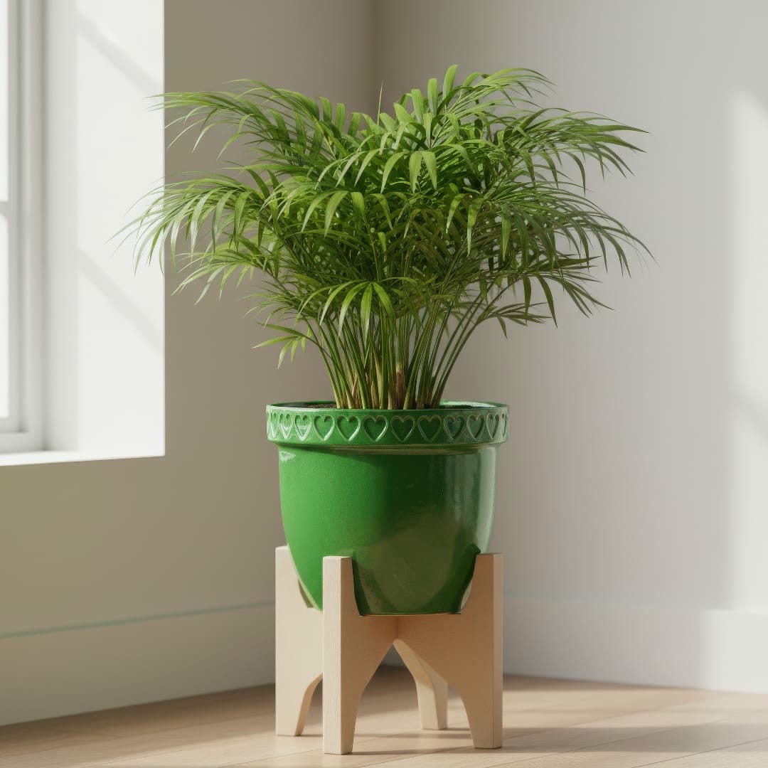 A Cat Palm brightening up the corner of a well-lit, modern office space.