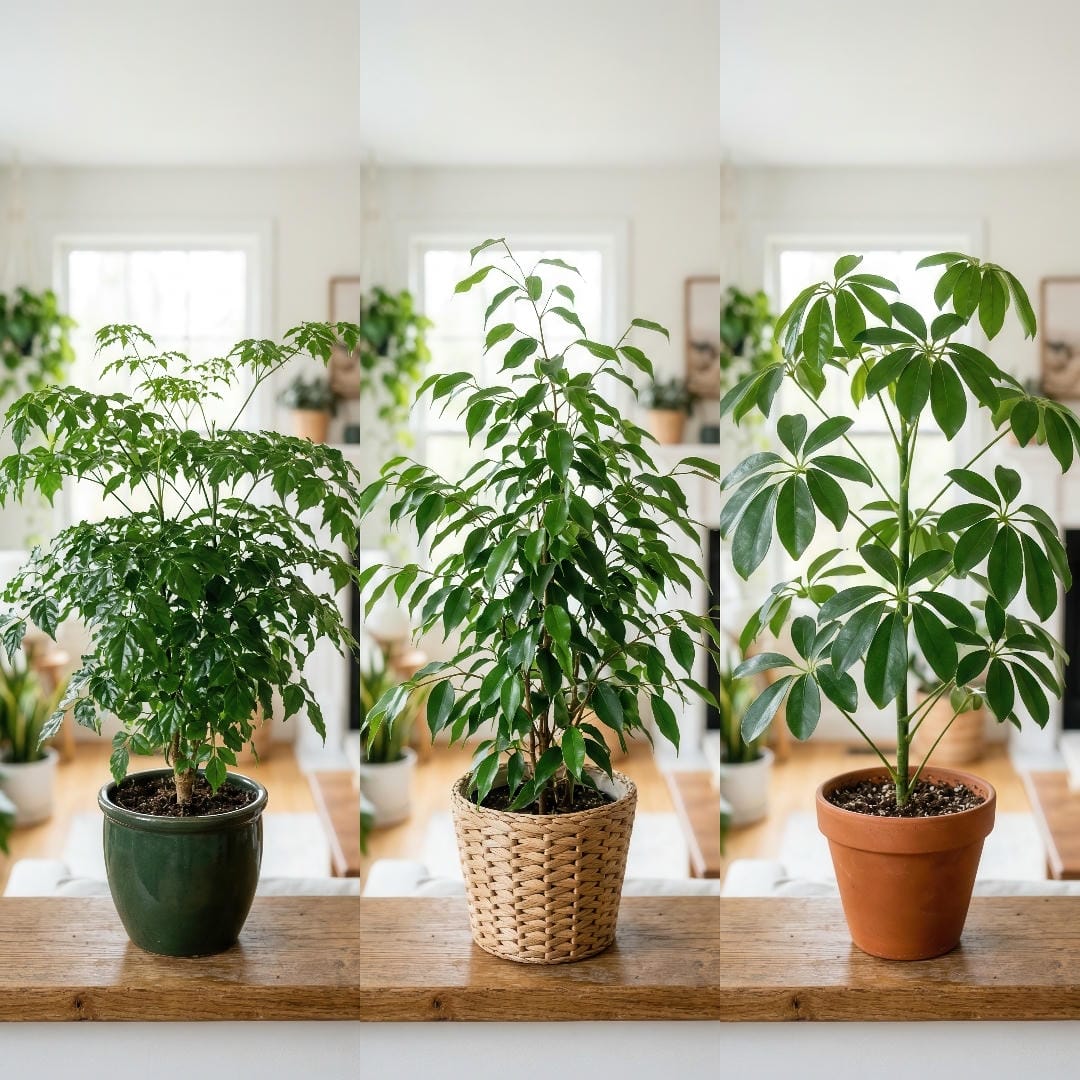 Side-by-side comparison of China Doll Plant with Weeping Fig and Umbrella Plant, highlighting differences in leaf structure and branching.