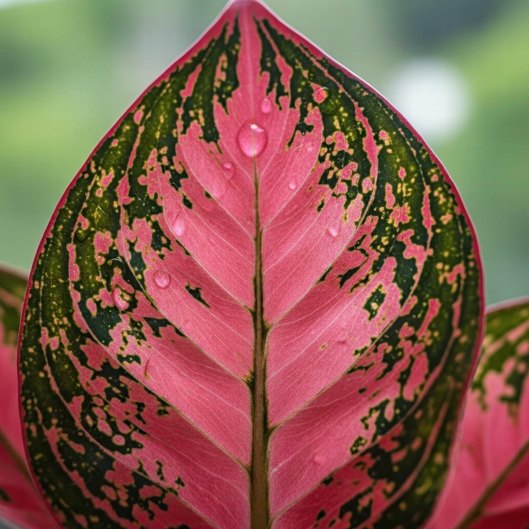 A close-up shot of a colorful Aglaonema leaf, showcasing its intricate patterns and vibrant colors.