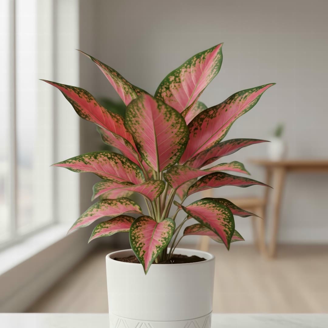 A vibrant Aglaonema 'Red Valentine' with stunning pink and green leaves in a white ceramic pot.