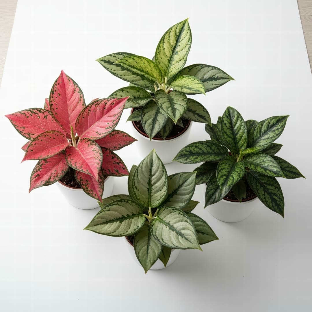 A collection of different Aglaonema varieties showing a range of colors from silver to red and pink.
