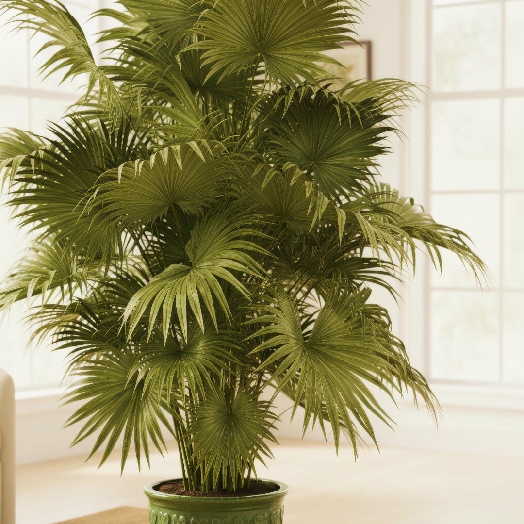 An elegant Chinese Fan Palm with its characteristic weeping fronds creating a fountain-like shape.