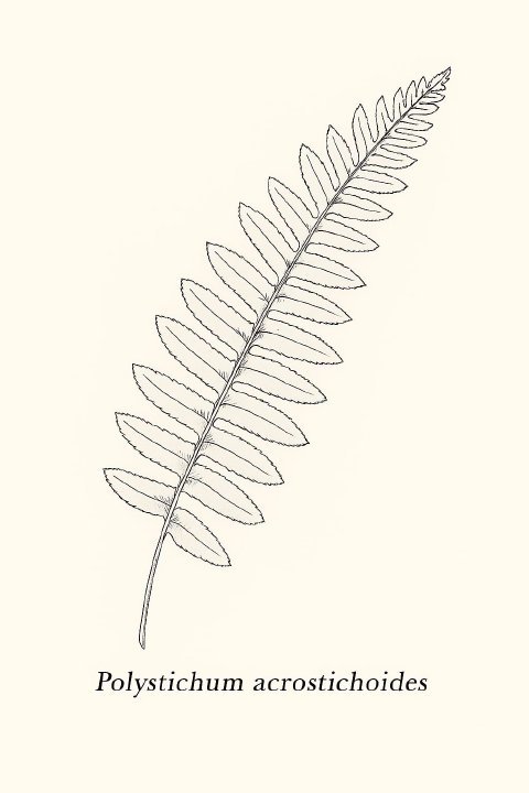 A botanical illustration of a Polystichum acrostichoides (Christmas Fern) frond, highlighting the unique stocking-like shape of each leaflet.