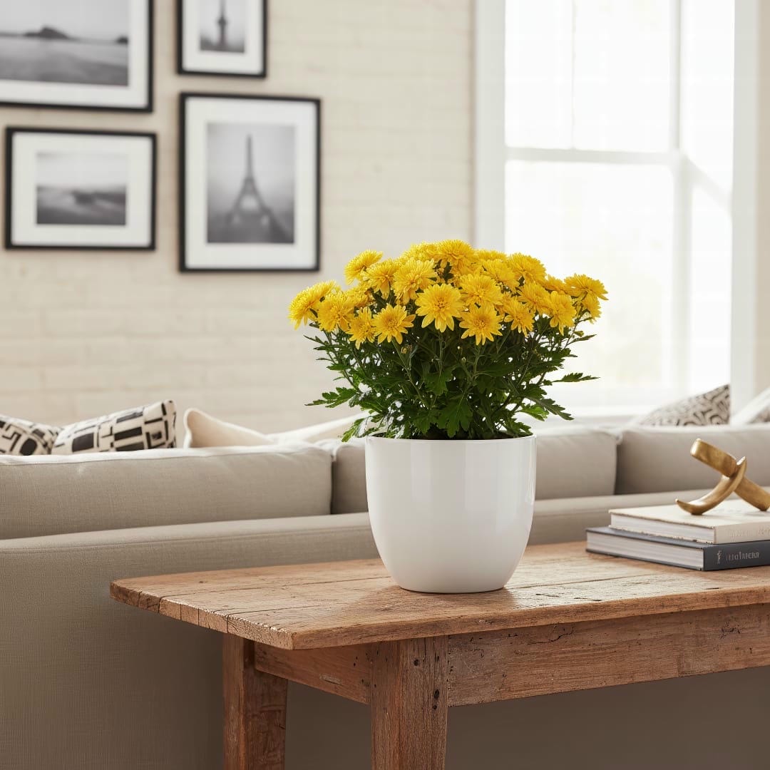 A yellow chrysanthemum in a white pot on a wooden table.